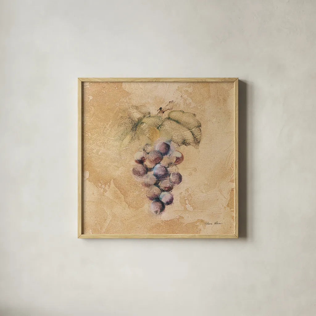 Grapes Square by Cheri Blum. Shown in a natural wood glass frame for a timeless modern aesthetic. Available as an archival giclee rolled canvas, fine art paper, or poster print. SKU 7024a.