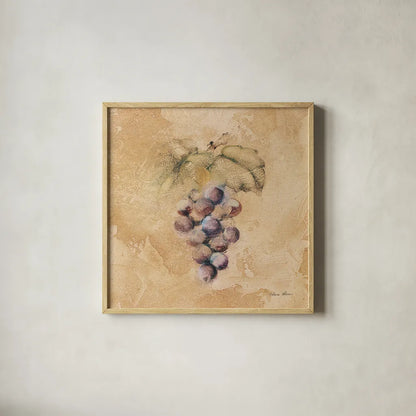 Grapes Square by Cheri Blum. Shown in a natural wood glass frame for a timeless modern aesthetic. Available as an archival giclee rolled canvas, fine art paper, or poster print. SKU 7024a.