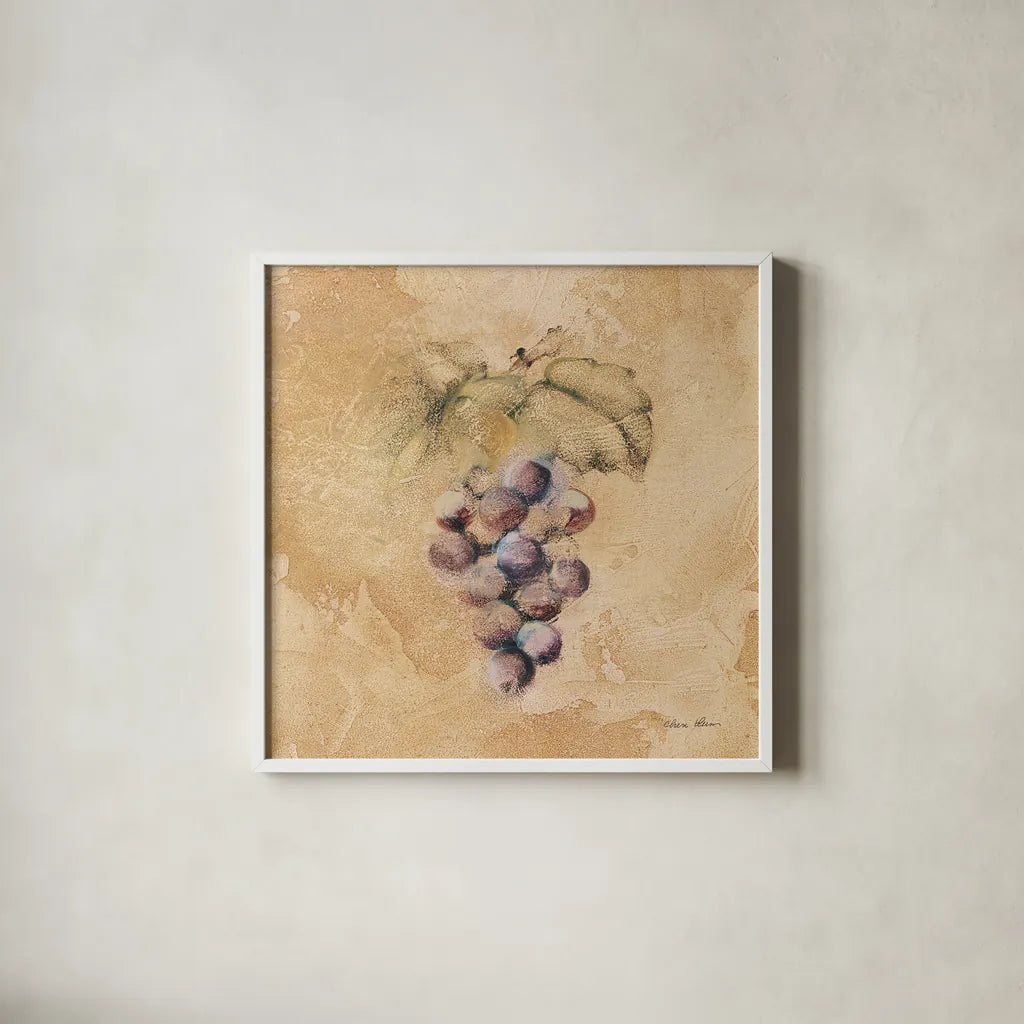 Grapes Square by Cheri Blum. Shown in a crisp white glass frame for a clean and minimalist style. Available as an archival giclee rolled canvas, fine art paper, or poster print. SKU 7024a.