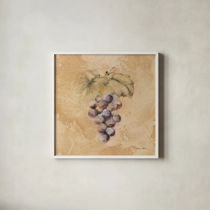 Grapes Square by Cheri Blum. Shown in a crisp white glass frame for a clean and minimalist style. Available as an archival giclee rolled canvas, fine art paper, or poster print. SKU 7024a.