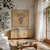 Grapes Square by Cheri Blum. Shown in a natural wood frame in a cozy modern living room. Available as an archival giclee rolled canvas, fine art paper, or poster print. SKU 7024a.
