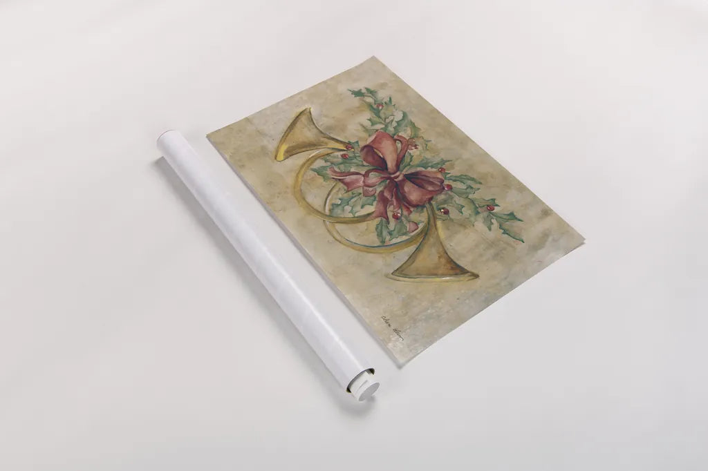 Holiday French Horns by Cheri Blum. shown as a rolled paper print. Available as archival giclee rolled canvas, fine art paper, or poster print. SKU 90777i.