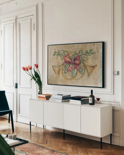 Holiday French Horns by Cheri Blum. shown as a framed stretched canvas in a living room above a console. Available as a archival giclee rolled canvas, fine art paper, or poster print. SKU 90777i.