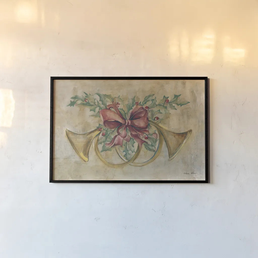 Holiday French Horns by Cheri Blum. shown as a paper print in a black flame. Available as a archival giclee rolled canvas, fine art paper, or poster print. SKU 90777i.