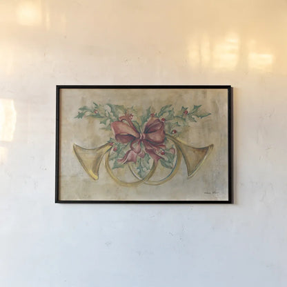 Holiday French Horns by Cheri Blum. shown as a paper print in a black flame. Available as a archival giclee rolled canvas, fine art paper, or poster print. SKU 90777i.
