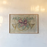 Holiday French Horns by Cheri Blum. shown as a paper print in a natural frame. Available as a archival giclee rolled canvas, fine art paper, or poster print. SKU 90777i.