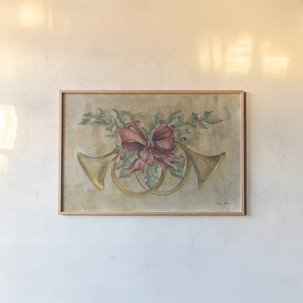 Holiday French Horns by Cheri Blum. shown as a paper print in a natural frame. Available as a archival giclee rolled canvas, fine art paper, or poster print. SKU 90777i.