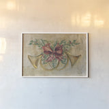 Holiday French Horns by Cheri Blum. shown as a paper print in a white frame. Available as a archival giclee rolled canvas, fine art paper, or poster print. SKU 90777i.