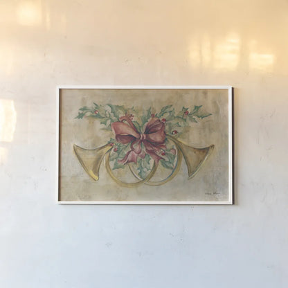 Holiday French Horns by Cheri Blum. shown as a paper print in a white frame. Available as a archival giclee rolled canvas, fine art paper, or poster print. SKU 90777i.