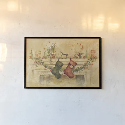 Holiday Mantle by Cheri Blum. shown as a paper print in a black flame. Available as a archival giclee rolled canvas, fine art paper, or poster print. SKU 90776i.