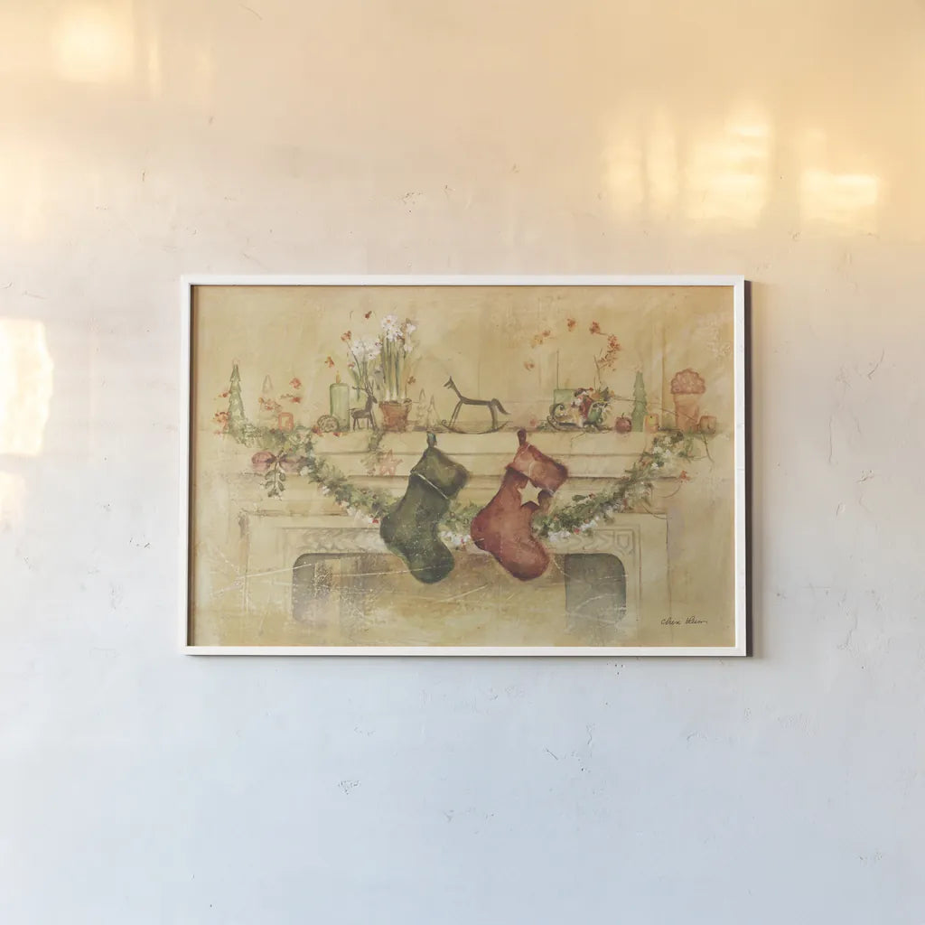 Holiday Mantle by Cheri Blum. shown as a paper print in a white frame. Available as a archival giclee rolled canvas, fine art paper, or poster print. SKU 90776i.