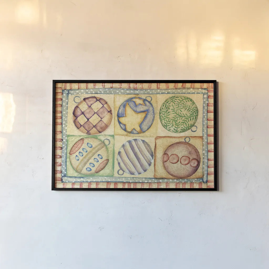 Holiday Ornaments by Cheri Blum. shown as a paper print in a black flame. Available as a archival giclee rolled canvas, fine art paper, or poster print. SKU 90778i.