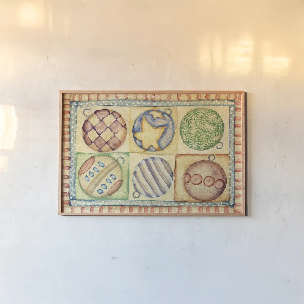Holiday Ornaments by Cheri Blum. shown as a paper print in a natural frame. Available as a archival giclee rolled canvas, fine art paper, or poster print. SKU 90778i.