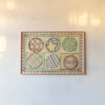 Holiday Ornaments by Cheri Blum. shown as a paper print in a natural frame. Available as a archival giclee rolled canvas, fine art paper, or poster print. SKU 90778i.