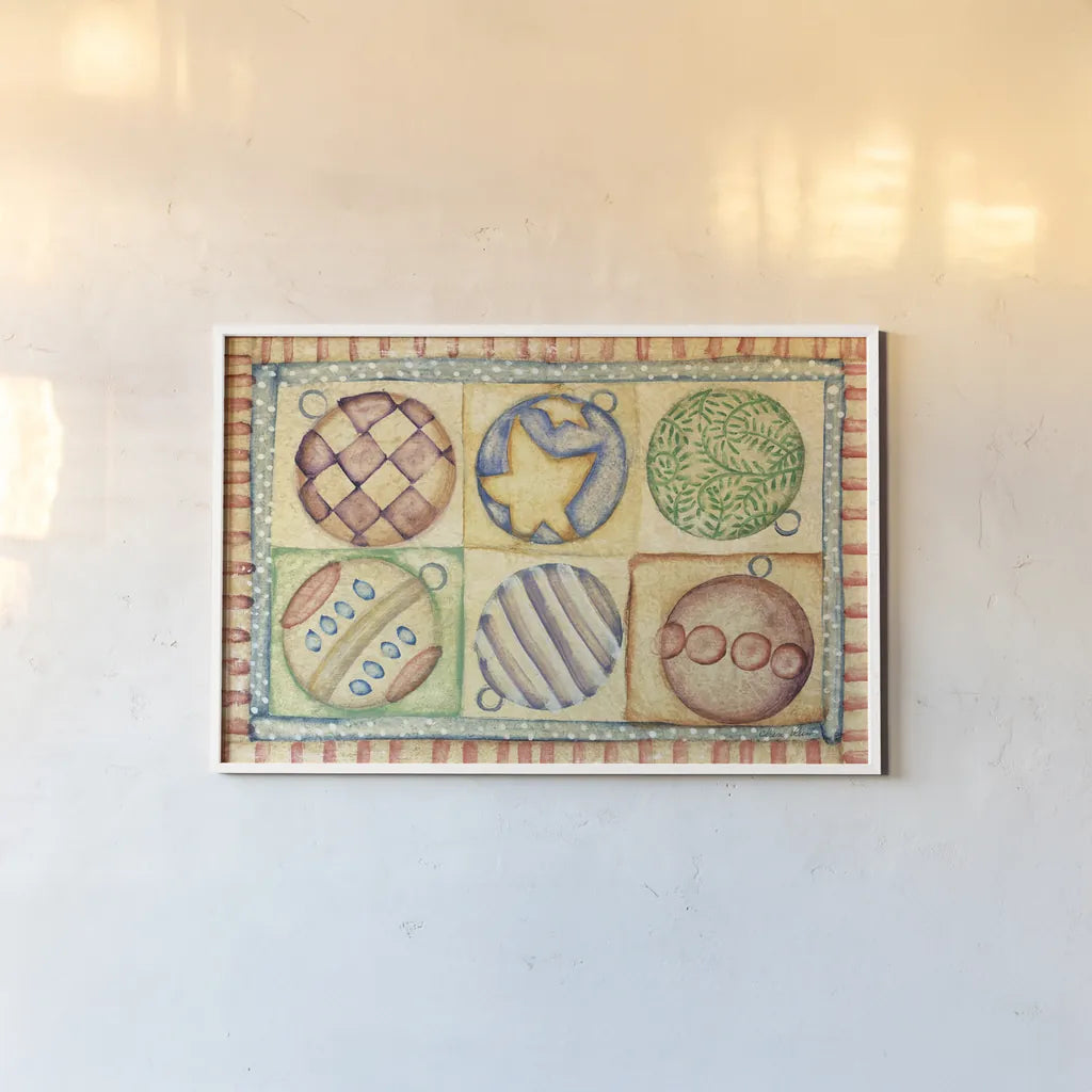 Holiday Ornaments by Cheri Blum. shown as a paper print in a white frame. Available as a archival giclee rolled canvas, fine art paper, or poster print. SKU 90778i.