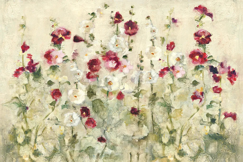 Hollyhocks Row Cool by Cheri Blum. SKU 18509i. Archival Giclee Fine art print for wall decor.