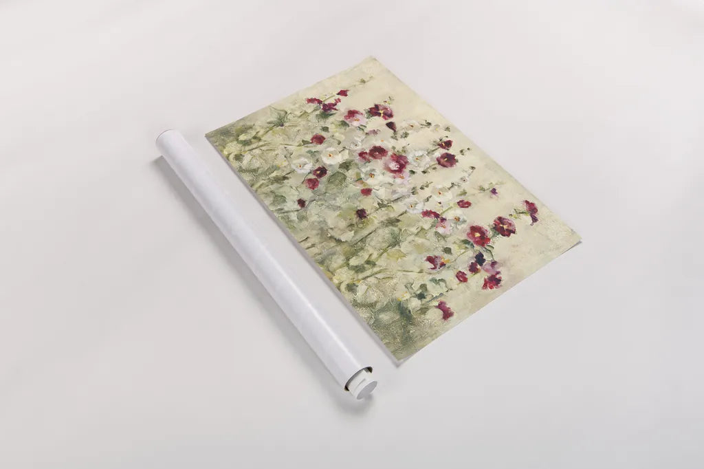 Hollyhocks Row Cool by Cheri Blum. shown as a rolled paper print. Available as archival giclee rolled canvas, fine art paper, or poster print. SKU 18509i.