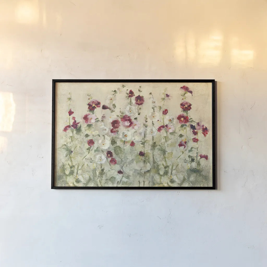 Hollyhocks Row Cool by Cheri Blum. shown as a paper print in a black flame. Available as a archival giclee rolled canvas, fine art paper, or poster print. SKU 18509i.