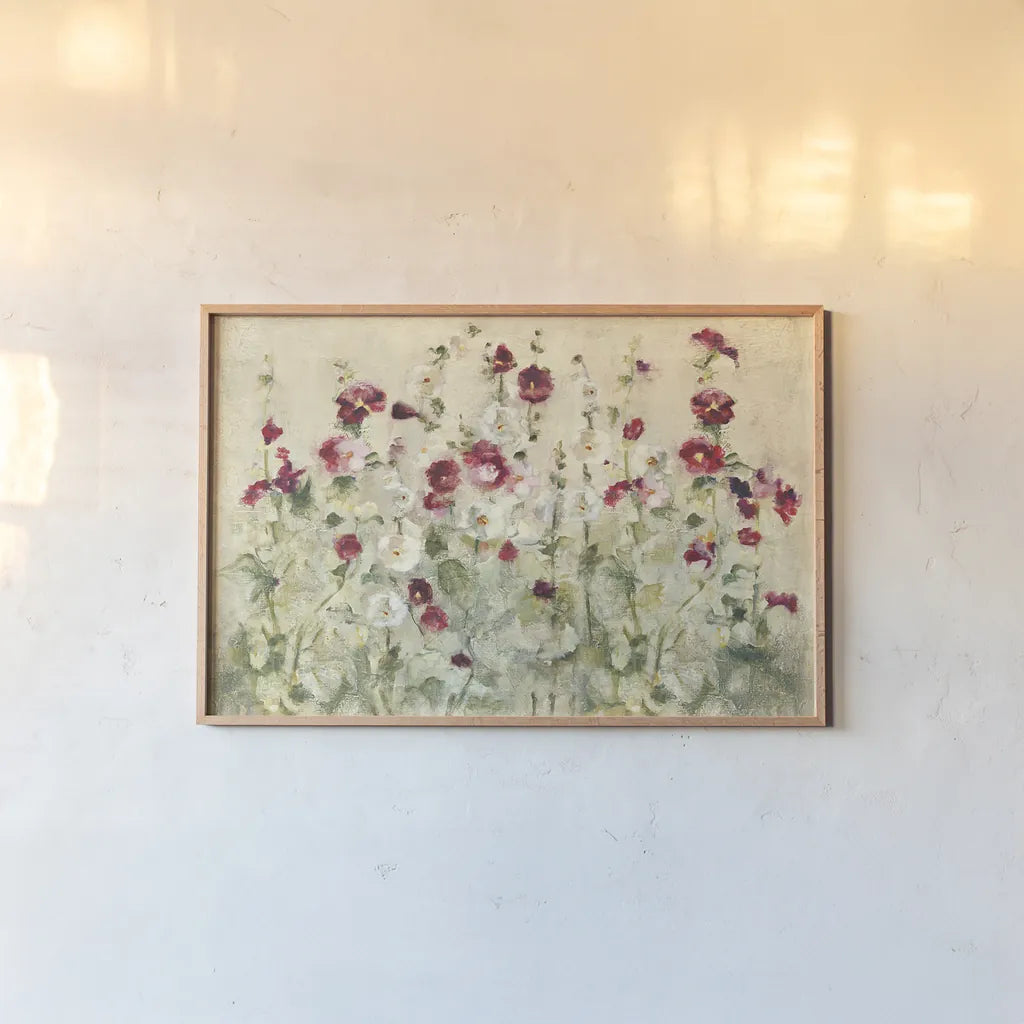 Hollyhocks Row Cool by Cheri Blum. shown as a paper print in a natural frame. Available as a archival giclee rolled canvas, fine art paper, or poster print. SKU 18509i.