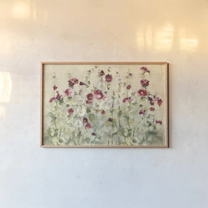 Hollyhocks Row Cool by Cheri Blum. shown as a paper print in a natural frame. Available as a archival giclee rolled canvas, fine art paper, or poster print. SKU 18509i.