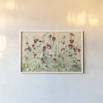 Hollyhocks Row Cool by Cheri Blum. shown as a paper print in a white frame. Available as a archival giclee rolled canvas, fine art paper, or poster print. SKU 18509i.