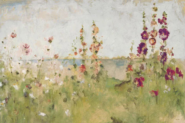 Hollyhocks by the Sea by Cheri Blum. SKU 8256i. Archival Giclee Fine art print for wall decor.