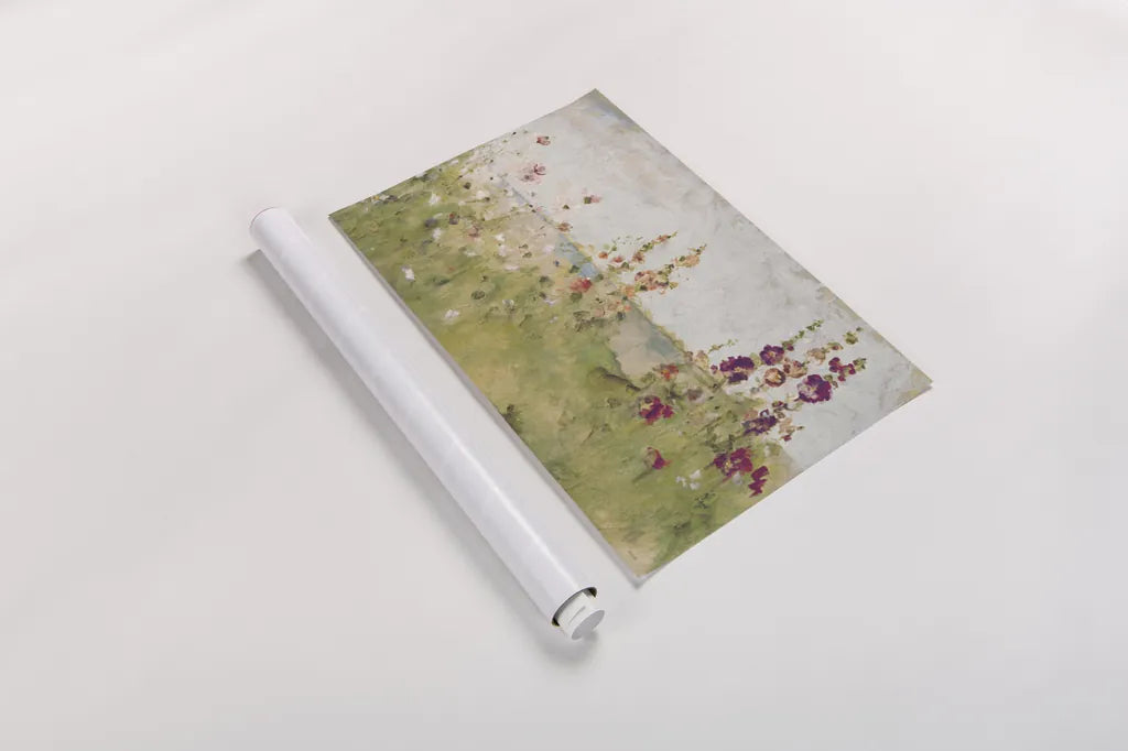 Hollyhocks by the Sea by Cheri Blum. shown as a rolled paper print. Available as archival giclee rolled canvas, fine art paper, or poster print. SKU 8256i.