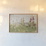 Hollyhocks by the Sea by Cheri Blum. shown as a paper print in a natural frame. Available as a archival giclee rolled canvas, fine art paper, or poster print. SKU 8256i.