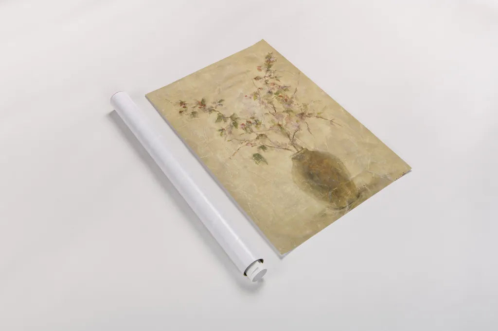 Ikebana Pink Blossoms by Cheri Blum. shown as a rolled paper print. Available as archival giclee rolled canvas, fine art paper, or poster print. SKU 6943h.