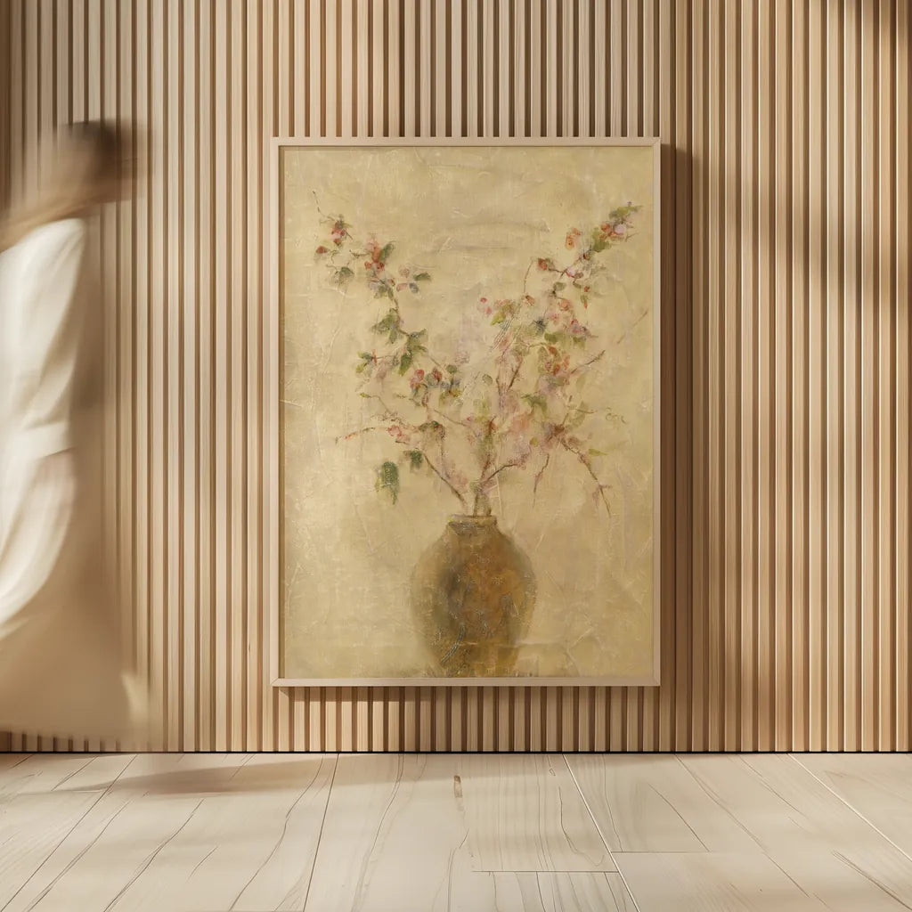 Ikebana Pink Blossoms by Cheri Blum. shown as over sized large wall art. Available as an archival giclee rolled canvas, fine art paper, or poster print. SKU 6943h.