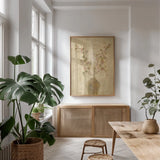 Ikebana Pink Blossoms by Cheri Blum. shown as a print in a natural wood frame in a dining room. Available as a archival giclee rolled canvas, fine art paper, or poster print. SKU 6943h.