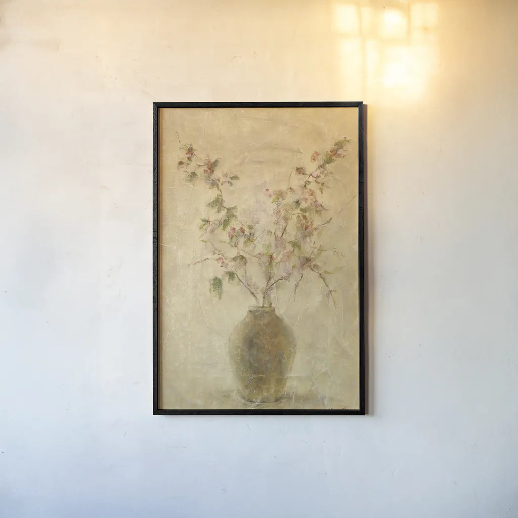 Ikebana Pink Blossoms by Cheri Blum. shown as a paper print in a black flame. Available as a archival giclee rolled canvas, fine art paper, or poster print. SKU 6943h.