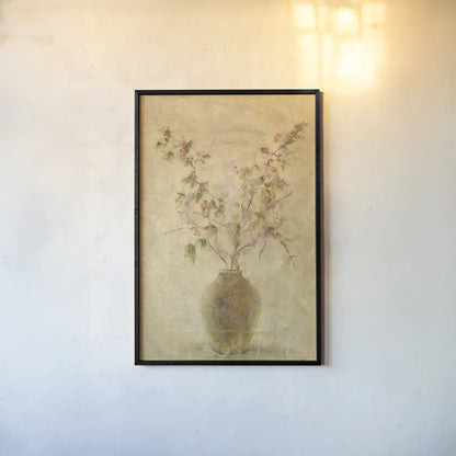 Ikebana Pink Blossoms by Cheri Blum. shown as a paper print in a black flame. Available as a archival giclee rolled canvas, fine art paper, or poster print. SKU 6943h.