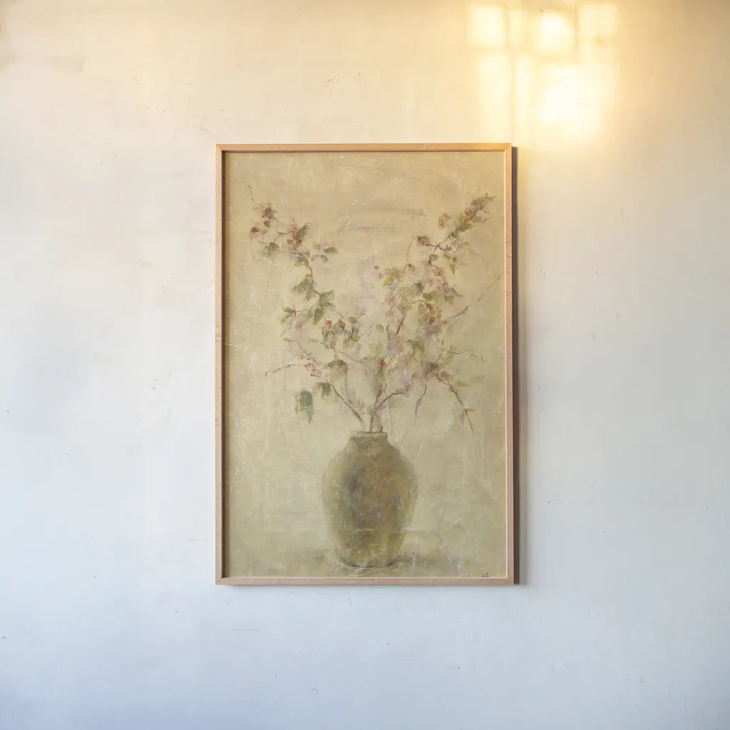 Ikebana Pink Blossoms by Cheri Blum. shown as a paper print in a natural frame. Available as a archival giclee rolled canvas, fine art paper, or poster print. SKU 6943h.
