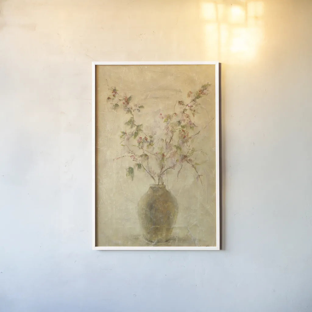 Ikebana Pink Blossoms by Cheri Blum. shown as a paper print in a white frame. Available as a archival giclee rolled canvas, fine art paper, or poster print. SKU 6943h.