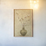 Ikebana White Blossoms by Cheri Blum. shown as a paper print in a natural frame. Available as a archival giclee rolled canvas, fine art paper, or poster print. SKU 6945h.