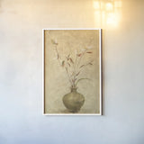 Ikebana White Blossoms by Cheri Blum. shown as a paper print in a white frame. Available as a archival giclee rolled canvas, fine art paper, or poster print. SKU 6945h.