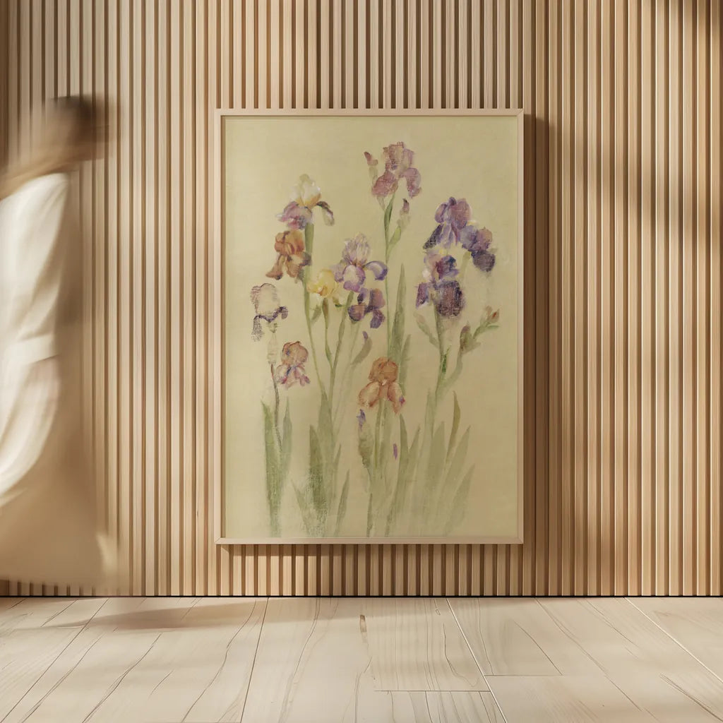 Irises II by Cheri Blum. shown as over sized large wall art. Available as an archival giclee rolled canvas, fine art paper, or poster print. SKU 7280h.