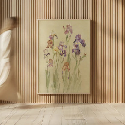 Irises II by Cheri Blum. shown as over sized large wall art. Available as an archival giclee rolled canvas, fine art paper, or poster print. SKU 7280h.
