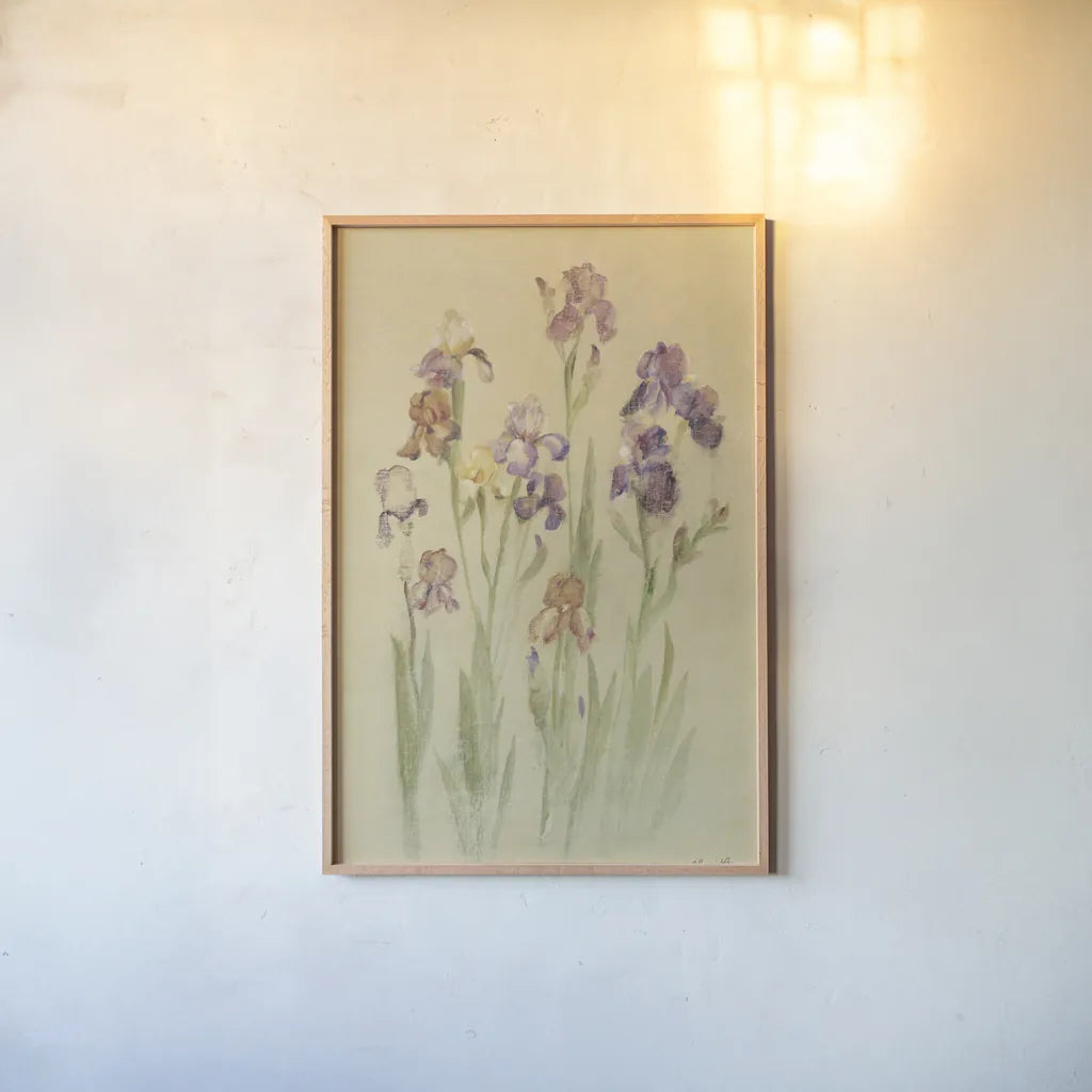 Irises II by Cheri Blum. shown as a paper print in a natural frame. Available as a archival giclee rolled canvas, fine art paper, or poster print. SKU 7280h.