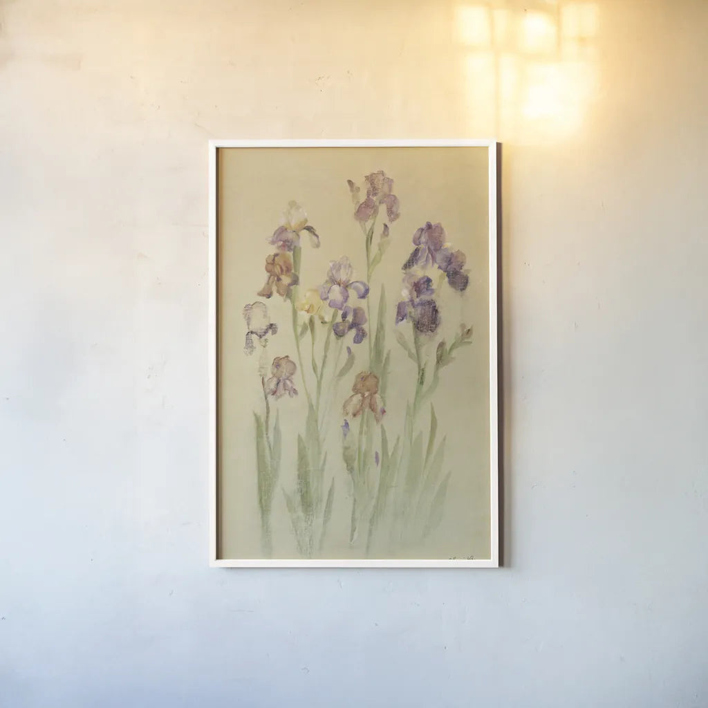 Irises II by Cheri Blum. shown as a paper print in a white frame. Available as a archival giclee rolled canvas, fine art paper, or poster print. SKU 7280h.
