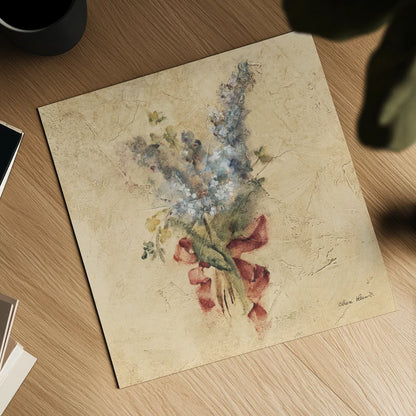 Lilac with Red Ribbon by Cheri Blum. Shown as a detailed flat fine art print, highlighting archival giclee quality. Available as an archival giclee rolled canvas, fine art paper, or poster print. SKU 7392a.