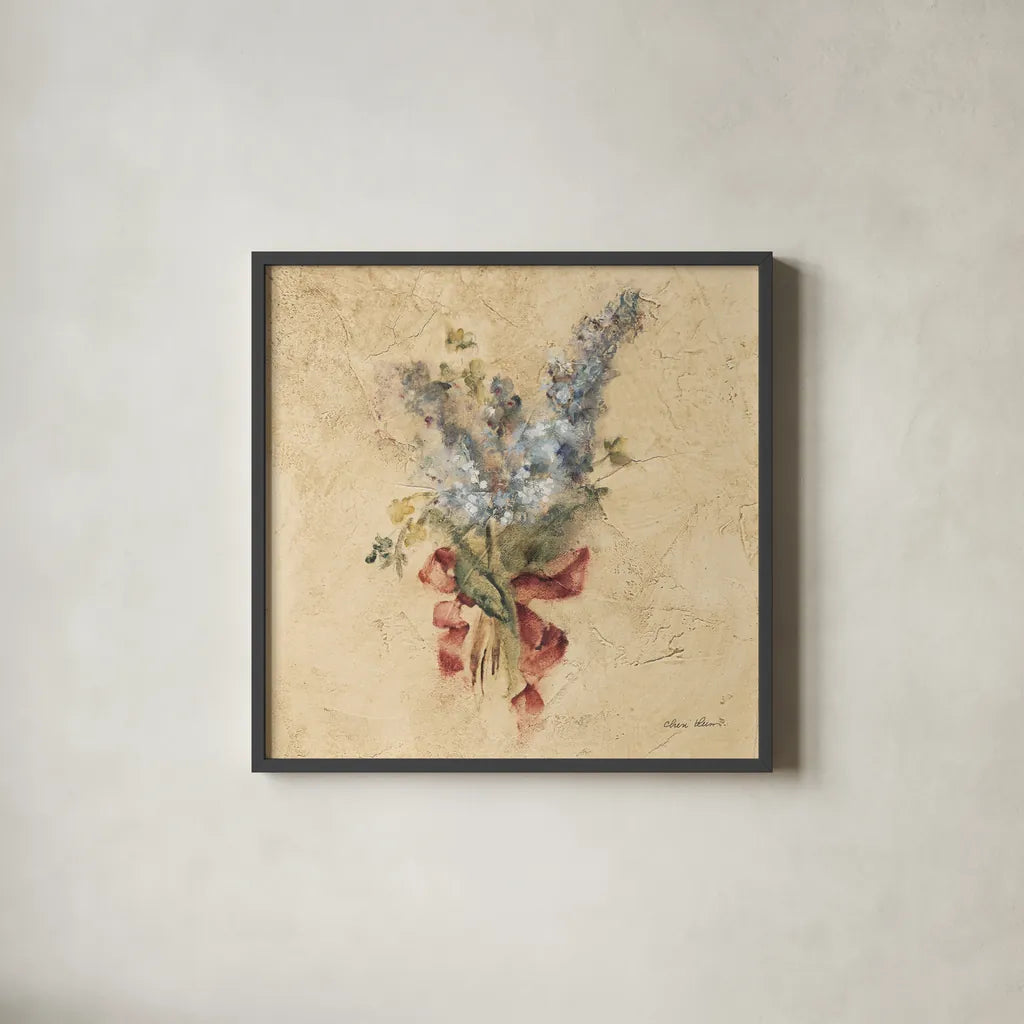 Lilac with Red Ribbon by Cheri Blum. Shown in a sleek black glass frame for a contemporary gallery look. Available as an archival giclee rolled canvas, fine art paper, or poster print. SKU 7392a.