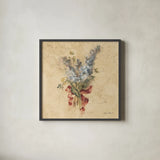 Lilac with Red Ribbon by Cheri Blum. Shown in a sleek black glass frame for a contemporary gallery look. Available as an archival giclee rolled canvas, fine art paper, or poster print. SKU 7392a.