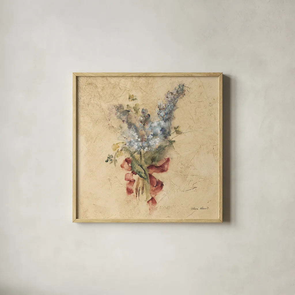 Lilac with Red Ribbon by Cheri Blum. Shown in a natural wood glass frame for a timeless modern aesthetic. Available as an archival giclee rolled canvas, fine art paper, or poster print. SKU 7392a.