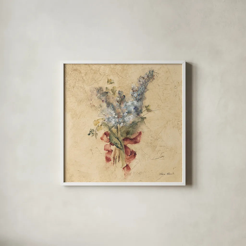 Lilac with Red Ribbon by Cheri Blum. Shown in a crisp white glass frame for a clean and minimalist style. Available as an archival giclee rolled canvas, fine art paper, or poster print. SKU 7392a.