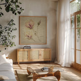 Magnolia Blossomjpg by Cheri Blum. Shown in a natural wood frame in a cozy modern living room. Available as an archival giclee rolled canvas, fine art paper, or poster print. SKU 7022a.