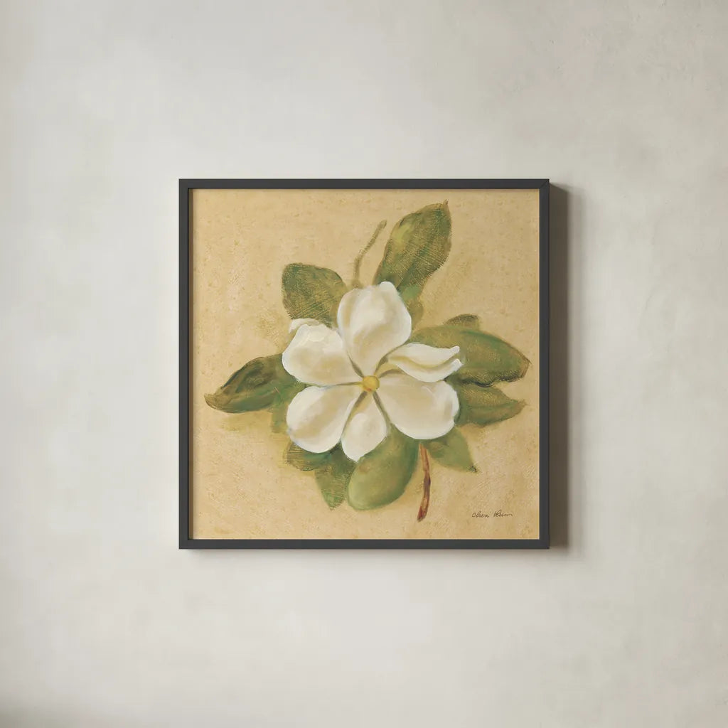 Magnolia Crop by Cheri Blum. Shown in a sleek black glass frame for a contemporary gallery look. Available as an archival giclee rolled canvas, fine art paper, or poster print. SKU 7111a.