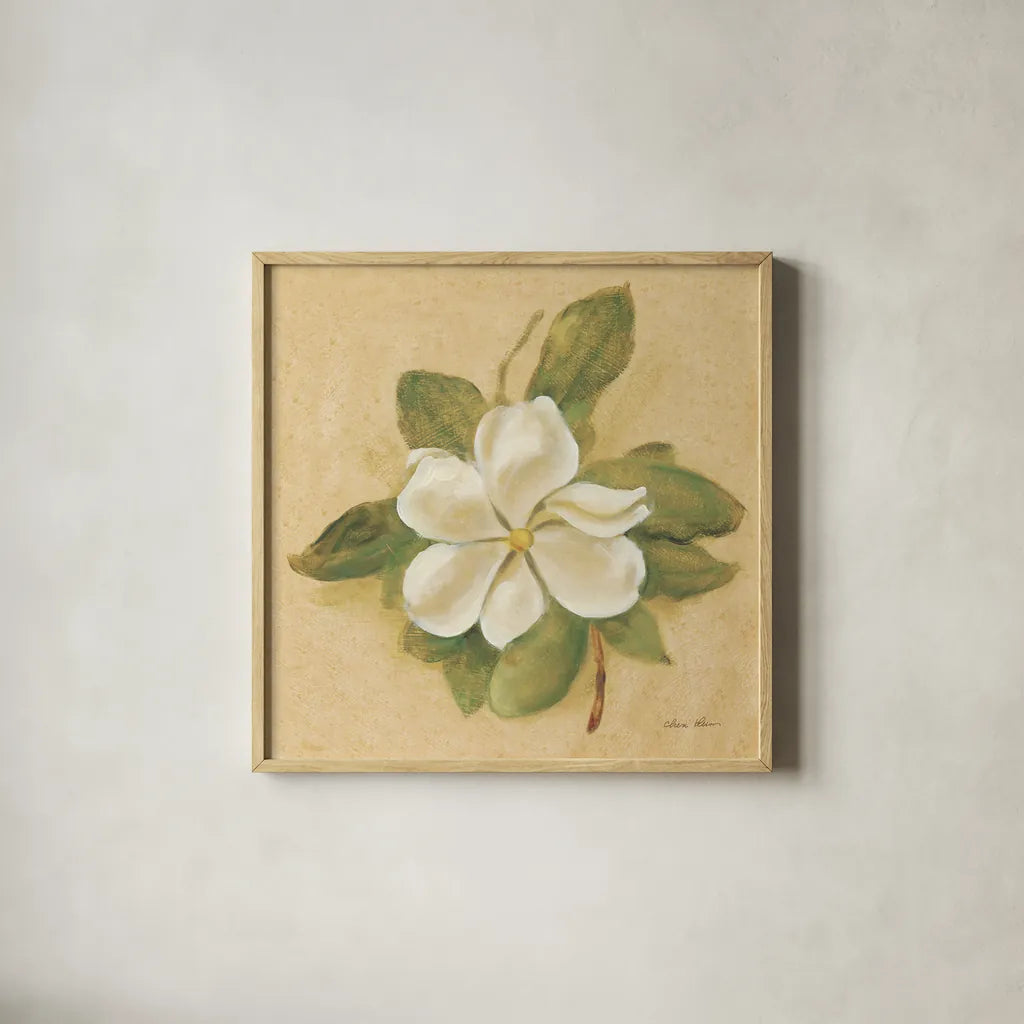 Magnolia Crop by Cheri Blum. Shown in a natural wood glass frame for a timeless modern aesthetic. Available as an archival giclee rolled canvas, fine art paper, or poster print. SKU 7111a.