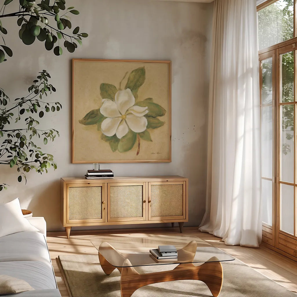 Magnolia Crop by Cheri Blum. Shown in a natural wood frame in a cozy modern living room. Available as an archival giclee rolled canvas, fine art paper, or poster print. SKU 7111a.